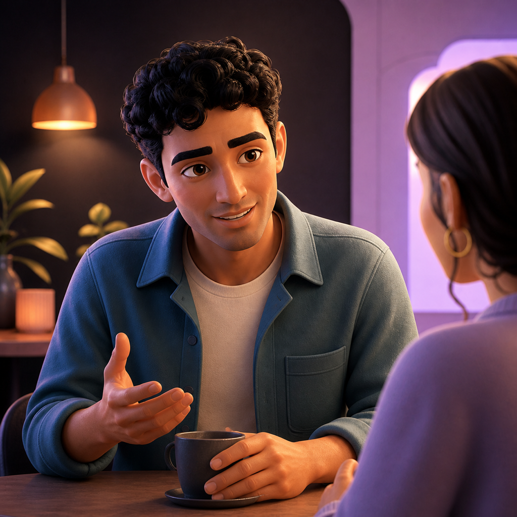 Illustrated character mid-conversation across a café table