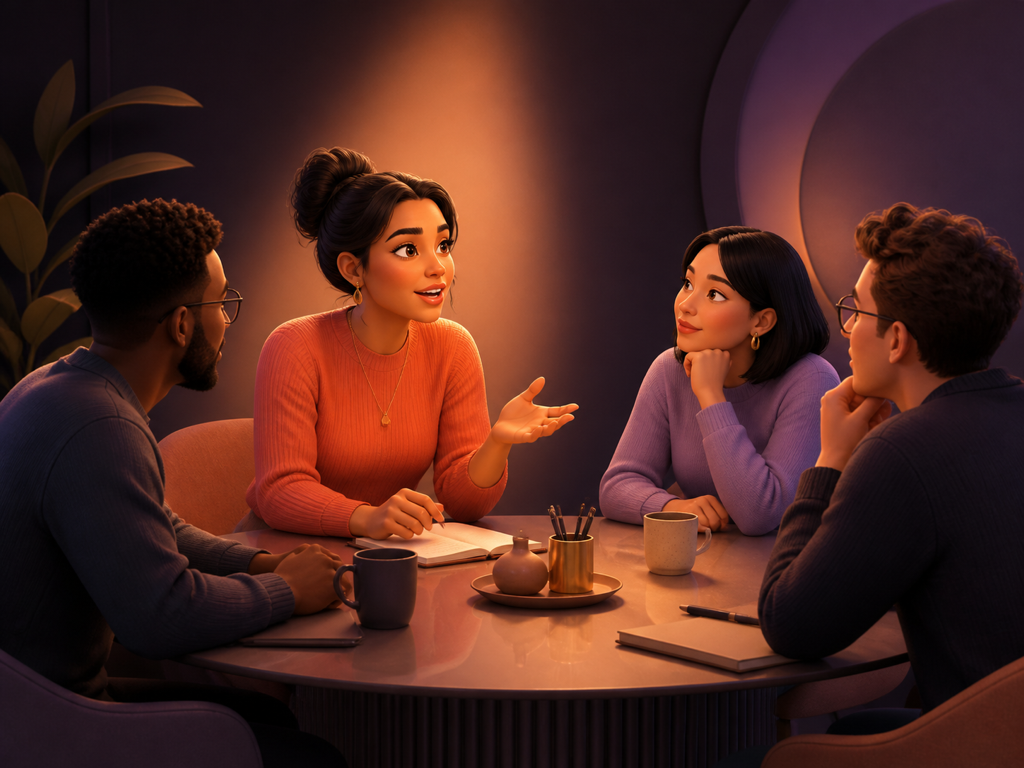 Illustrated character speaking confidently to a small group around a table