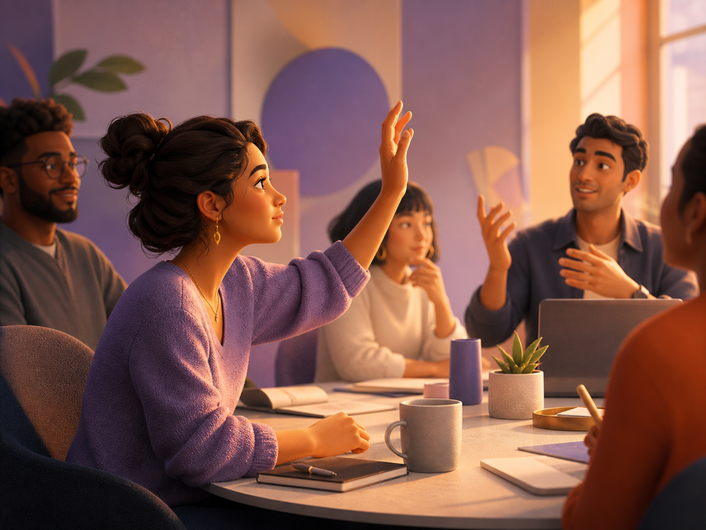 Illustrated character raising a hand to speak in a bright meeting room