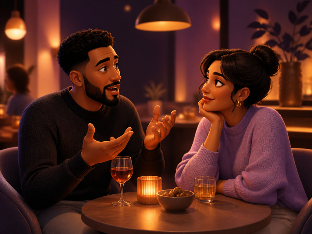 Two illustrated characters in warm, easy conversation at a bar table